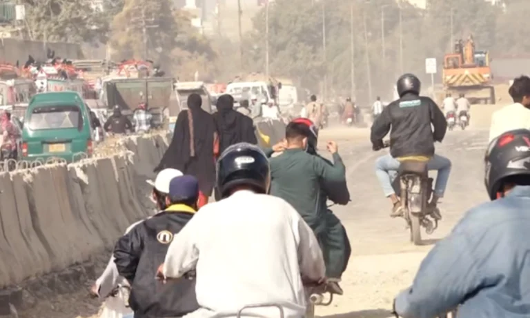 A track on University Road in Karachi is temporarily closed due to development work